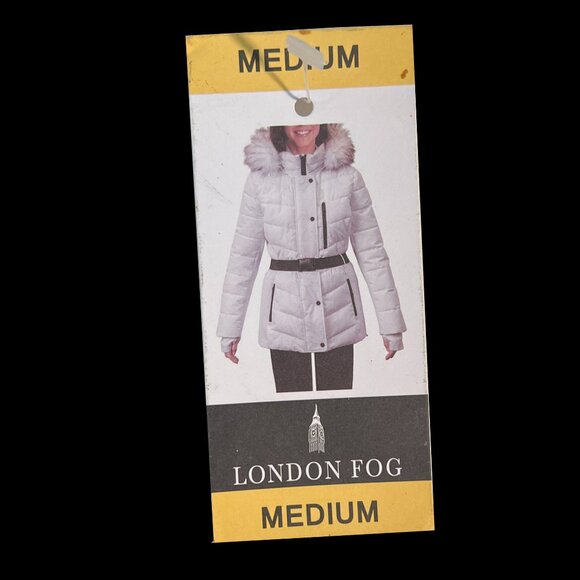 NWT London Fog White Belted Puffer Jacket, Faux Fur Hood, Size M - Winter Coats - Picture 8 of 9
